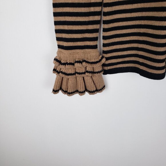 Nanette Lepore Merino Wool Sweater Black Tan Stripes Ruffle Cuffs Size Small - Picture 3 of 6